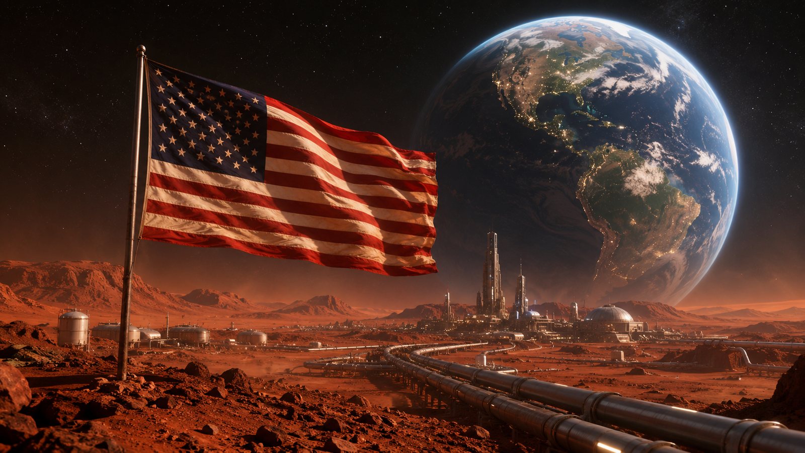 An American flag on the surface of Mars at night, an industrial settlement with towers and pipelines on the horizon, and Earth large in the black sky above.