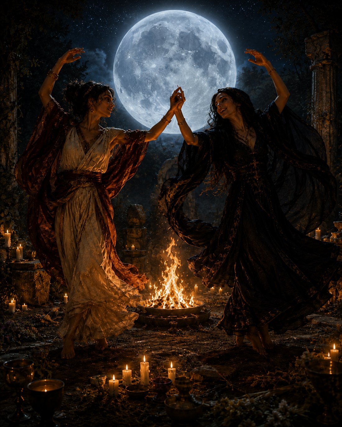 Two women dancing barefoot around a fire in moonlit ruins, hands joined above the flames, candles set around them.