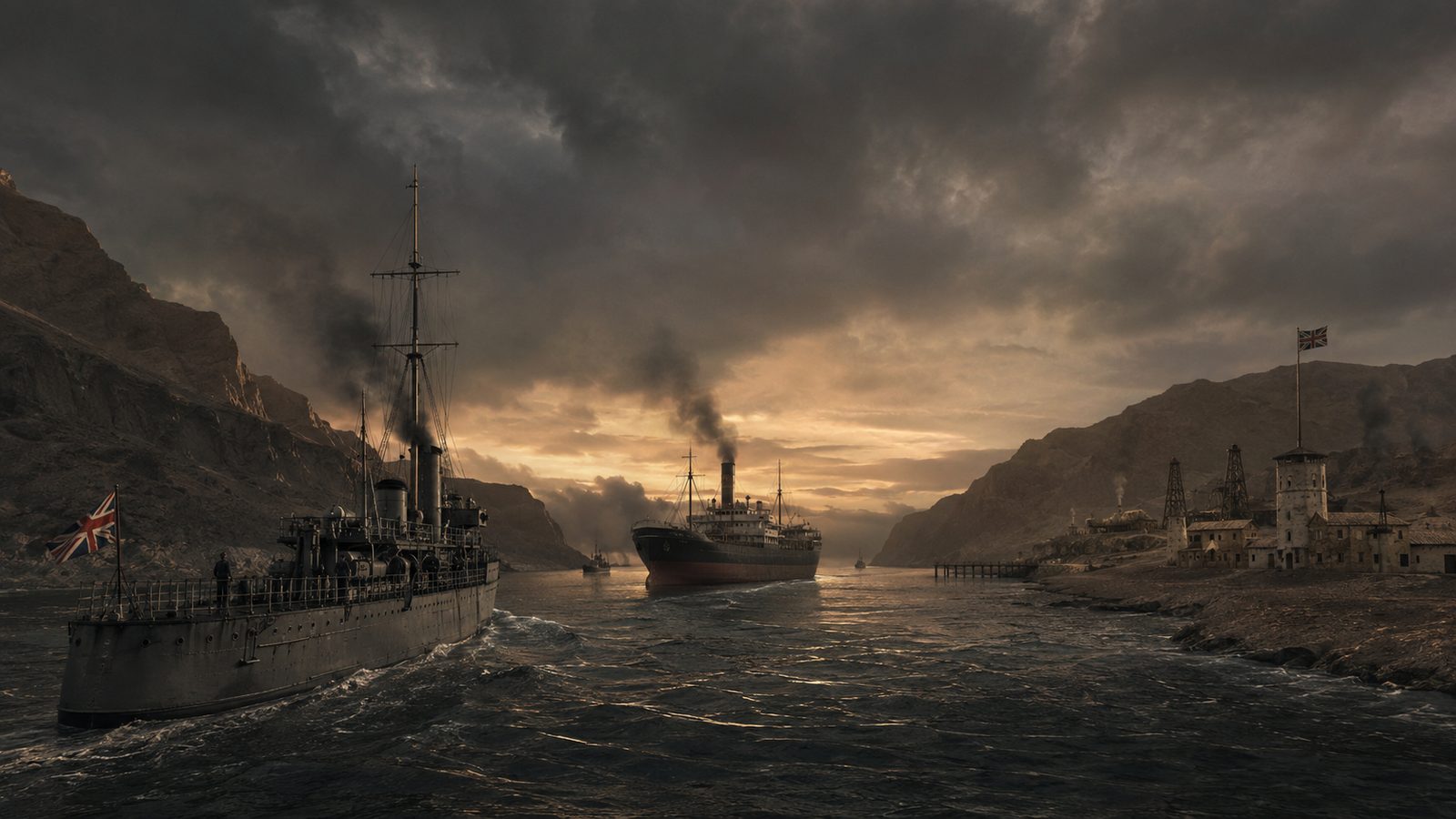 A British warship under the Union Jack escorting a steamer through a narrow strait at dusk, oil derricks and a small colonial station on the far shore.