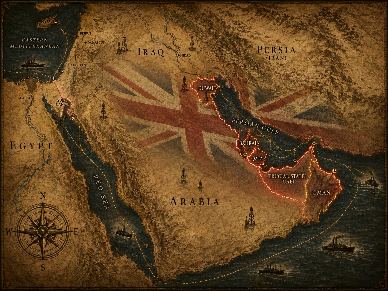 An antique-style map of the Persian Gulf and Arabia with the Union Jack laid over it, the coastal protectorates of Kuwait, Bahrain, Qatar, the Trucial States and Oman outlined in fire, oil derricks scattered inland and steamer routes running out past Suez.