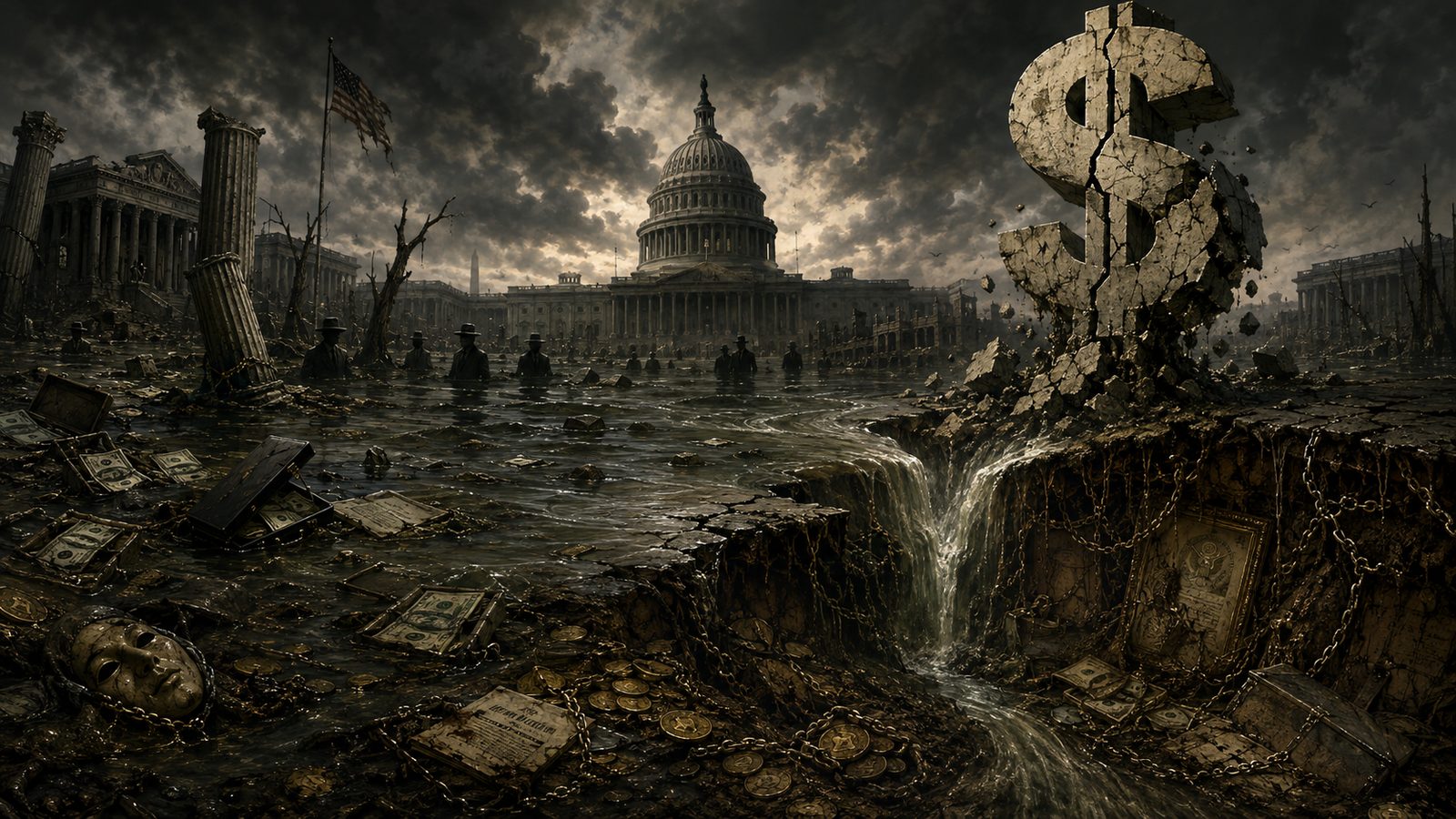A giant cracked stone dollar sign crumbling beside the flooded Capitol, dollar bills, coins and chained deed boxes sinking into dark water that drains into a fissure in the earth.