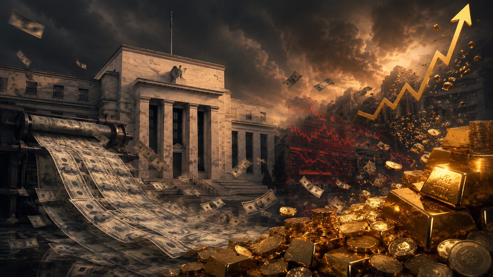 Sheets of dollar bills pouring off a printing press in front of the Federal Reserve building while gold bars and coins pile up under a rising gold arrow and a wall of red market charts.