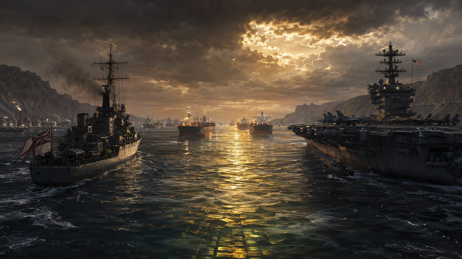 A Royal Navy frigate under the white ensign passing an American aircraft carrier in a strait at sunset, with gold bars laid across the seabed beneath them.