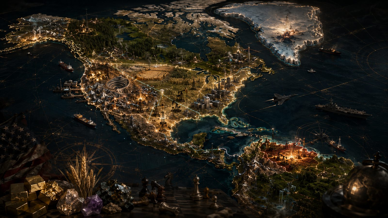 A relief map of North America and the Caribbean rendered as assets — oil derricks, mines, farmland, shipping lanes and warships — with gold bars, raw minerals, wheat and chess pieces arranged along the near edge.