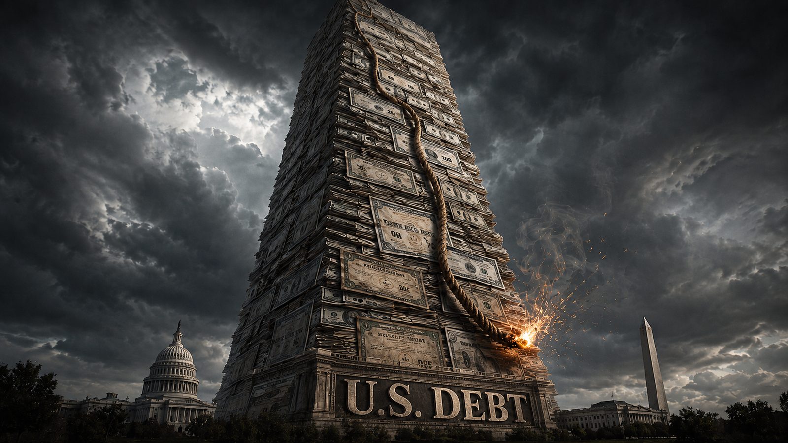 A tower of dollar bills labeled U.S. DEBT under storm clouds, a fuse burning at its base, the Capitol and the Washington Monument small beside it.